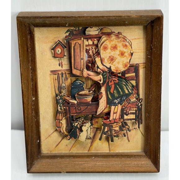 Wall Decor | Vintage 3d Paper Tole Shadow Box Wall Art Girl In Kitchen ...